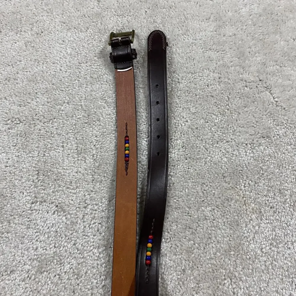 NY&CO Leather Belt Womens L Brown Beaded Boho Western Brass Buckle Indie Cowgirl
